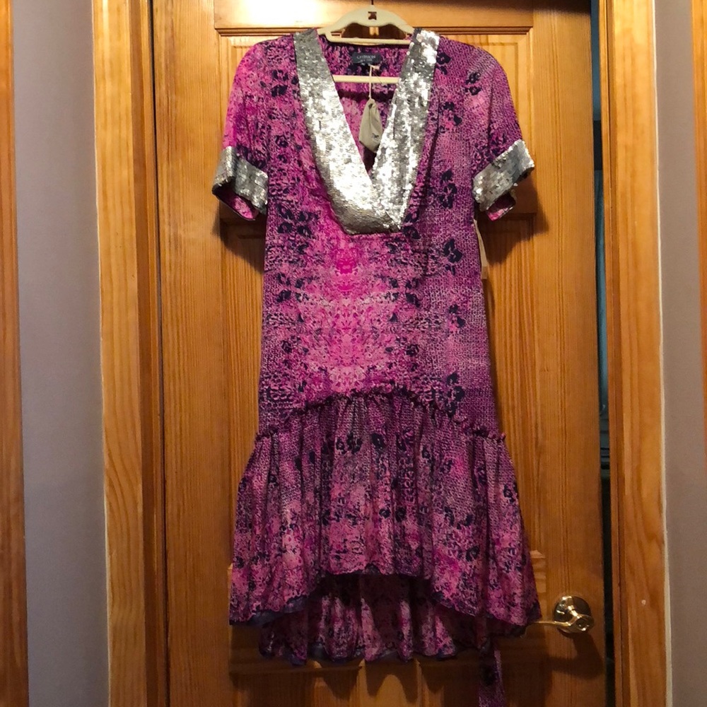 Gryphon high low sequin print belted silk dress - Picture 2 of 8
